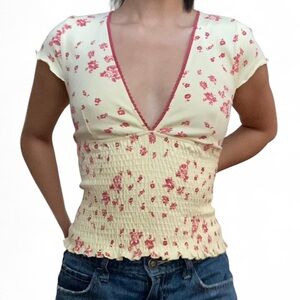 Urban Outfitters Floral Deep V Crop Top in Cream and Red